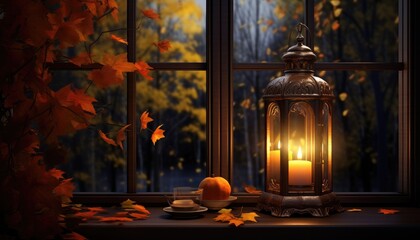 On the windowsill is a lantern with a burning candle. Around are autumn maple leaves. The window shows the night city