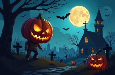 Pumpkin zombie Rising Out Of A Graveyard cemetery and church In Spooky scary dark Night full moon bats on tree. Holiday event halloween banner background