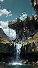 a waterfall with a clock on it in the middle of a mountain