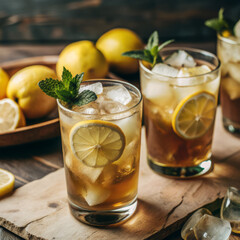 Fototapeta premium Classic Iced Tea with Lemon and Mint Garnish in Tall Glasses