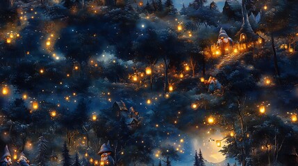 Naklejka premium Gnomes under a crescent moonlit sky, holding glowing lanterns, with fireflies dancing around them and stars twinkling above, a magical nighttime forest scene with rich blues, purples,