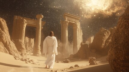 Fototapeta premium Enigmatic Encounter: Jesus in the Desert with Mystical Creatures and Ancient Ruins under a Starry Night Sky