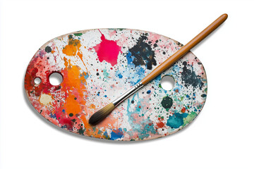 Splattered Creativity: A Watercolor Palette with Paint Splatters and Brush