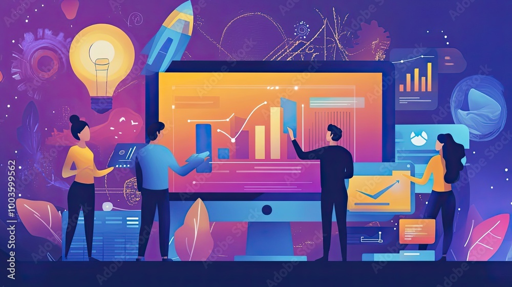 Poster business team analyzing data on computer screen with graphs and charts