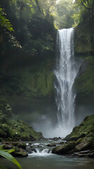 a waterfall in the middle of a forest with a person standing on the rocks