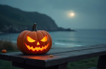 Obraz premium One spooky halloween pumpkin, Jack O Lantern, with an evil face and eyes on a wooden bench, table with a misty gray coastal night background with space for product placement 