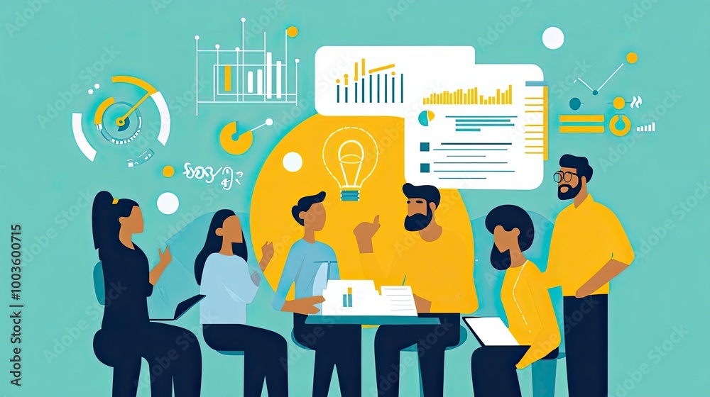 Poster diverse team brainstorming and analyzing data with charts and graphs
