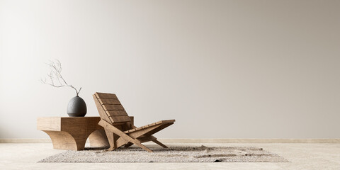 Minimalist livinig room with wooden furnitures. Stylish living room design. Empty wall mock up. 3D illustration