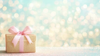 Fototapeta premium Glittering gold gift box with pink ribbon on sparkling background