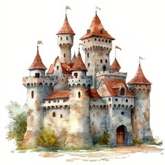 Fototapeta premium Colorful medieval castle with turrets and flags, white isolate background