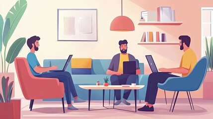 Three Men Working on Laptops in a Modern Office Setting