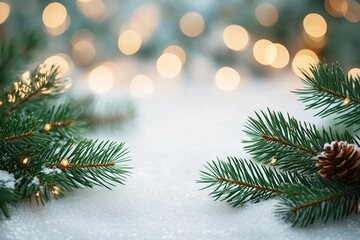 Christmas picture background with fir branches snow and fairy lights. Copy space. stock photo Atmospheric image background with fir branches snow and fairy lights in different depths of field.