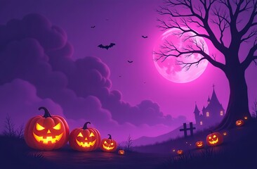 Fototapeta premium Happy halloween banner or party invitation background with violet fog clouds and pumpkins 