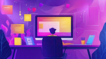 Naklejka premium Person Working at a Desk with a Computer and Papers