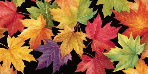 Vibrant autumn leaves array on black background