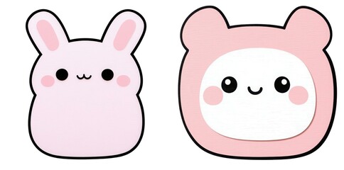 Cute cartoon characters of a pink bunny and a bear with a smiling face, perfect for children's products or playful designs.