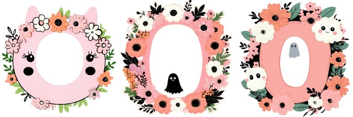 Fototapeta premium Whimsical die-cut letter O designs featuring adorable animal faces and floral elements against a white isolate background.