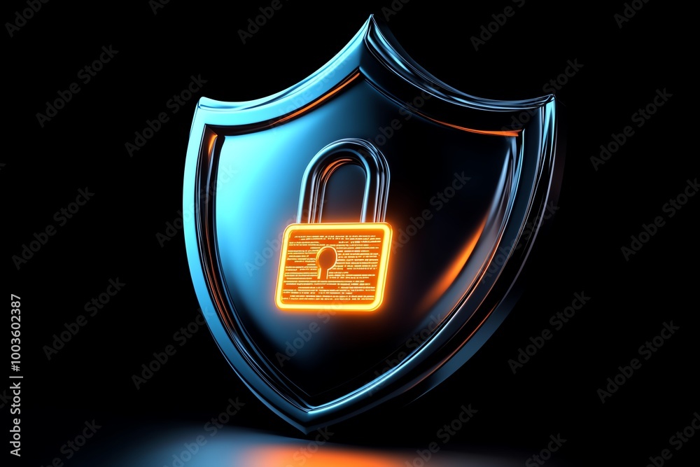 Poster minimalist cybersecurity shield icon, with a simple glowing lock and abstract code lines symbolizing