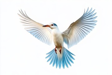 A bird soaring against a white backdrop.