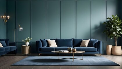 A modern living room with a large navy blue sofa, two beige throw pillows, and a glass coffee table on a gray rug in front of a dark green paneled wall.