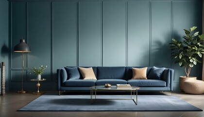 Obraz premium A modern living room with a large navy blue sofa, two beige throw pillows, and a glass coffee table on a gray rug in front of a dark green paneled wall.
