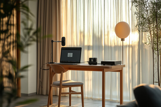 Minimalist Podcast Studio with a Single Microphone for Clear and Precise Audio Capture