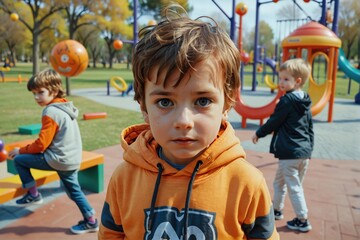 Niño rubio en un jardín de juegos infantiles. Representa la infancia y el aprendizaje lúdico. 