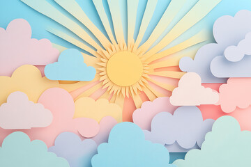Fototapeta premium Serene Paper Art: A Papercut Design with Layered Clouds and Sunrays