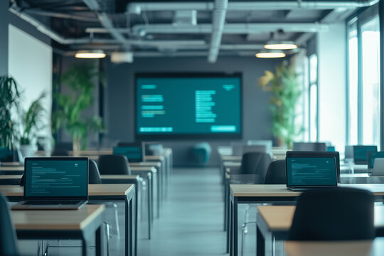 Efficient Learning: A Call Centre Training Room Equipped with Desks and Laptops