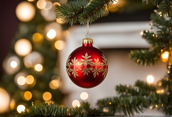 Obraz premium Christmas ornament hanging on a tree, with reflections of twinkling lights and fireplace flames flickering in the background