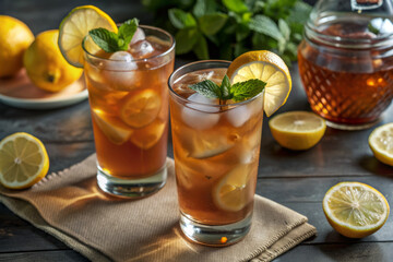 Classic Long Island Iced Tea with Lemon and Mint Garnish in Glasses