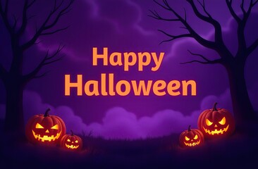 Happy halloween banner or party invitation background with violet fog clouds and pumpkins 