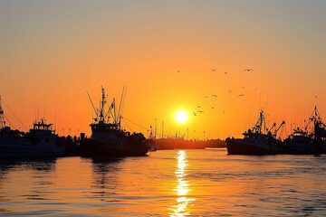 Fototapeta premium Sunrise Over a Bustling Harbor with Boats Silhouetted Against the Morning Light