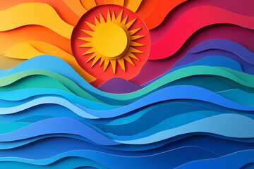 Papercut Background with Layered Waves and Sunrise for a Peaceful Morning Scene