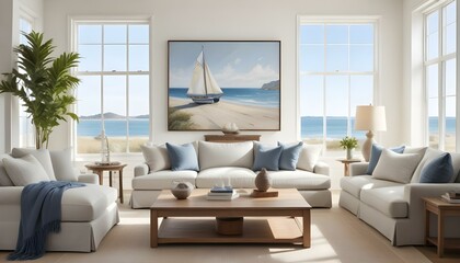 A bright, airy living room with large framed artwork depicting a serene beach scene with a sailboat in the distance. The room features white walls.