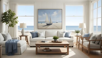 Fototapeta premium A bright, airy living room with large framed artwork depicting a serene beach scene with a sailboat in the distance. The room features white walls.