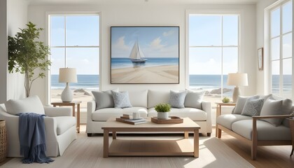 A bright, airy living room with large framed artwork depicting a serene beach scene with a sailboat in the distance. The room features white walls.