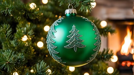 Christmas ornament hanging on a tree, with reflections of twinkling lights and fireplace flames flickering in the background
