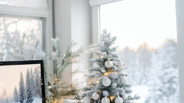 Serene winter workspace featuring a computer, snowy Christmas tree, and white gift boxes, all set against a backdrop of frosted windows and a snowy landscape. Video made using Generative AI
