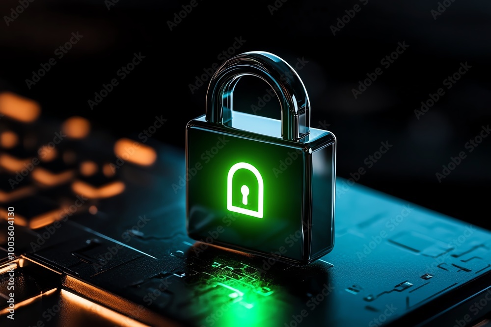Poster minimalist ethical hacking icon, with a simple glowing green lock symbol representing cybersecurity 