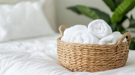 Cozy bedroom interior with basket of fresh white towels