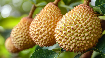 A close-up of ripe durian fruits hanging from their tree, showcasing their unique spiky texture and vibrant yellow hue.