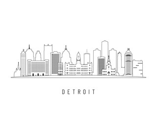 Naklejka premium Detailed Detroit skyline vector illustration. Detroit buildings in line art style, perfect for modern designs.