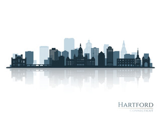 Naklejka premium Hartford skyline silhouette with reflection. Landscape Hartford, Connecticut. Vector illustration.