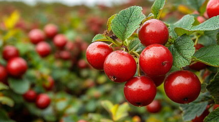 Obraz premium A close-up view of vibrant red berries on lush green leaves in a natural setting, showcasing the beauty of ripe fruit.