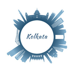 Kolkata skyline with colorful buildings. Circular style. Stock vector illustration.
