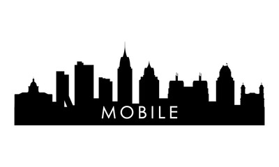 Naklejka premium Mobile skyline silhouette. Black Mobile AL city design isolated on white background. 