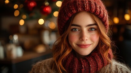 A young woman with red hair and freckles smiles warmly, wearing a cozy knit hat and scarf.