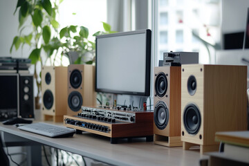 Minimalist Desktop Audio Setup with Small High-Quality Speakers for Personal Listening