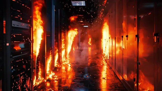 fire is burning in server room, cloud computing damage, data lost